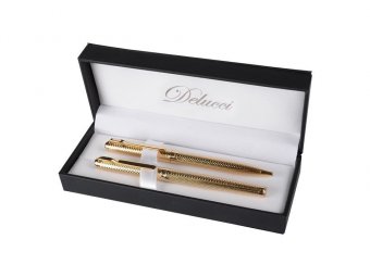 Набор "Delucci": ручка шариковая, 1мм и ручка-роллер, 0,6мм, синие, корпус золото