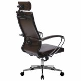 Кресло офисное МЕТТА "К-33" хром, рецик. кожа, подголовник, сиденье и спинка мягкие, темно-коричневое