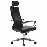 Кресло офисное МЕТТА "К-33" хром, рецик. кожа, подголовник, сиденье и спинка мягкие, черное